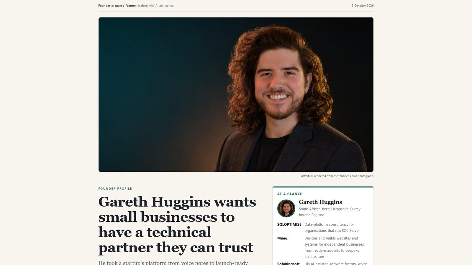 The founder feature produced by the skill: cover portrait, headline and at-a-glance panel